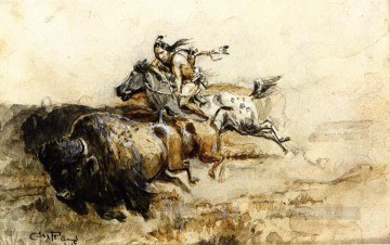chasseur de bisons Charles Marion Russell Indiens d’Amérique Peinture à l'huile